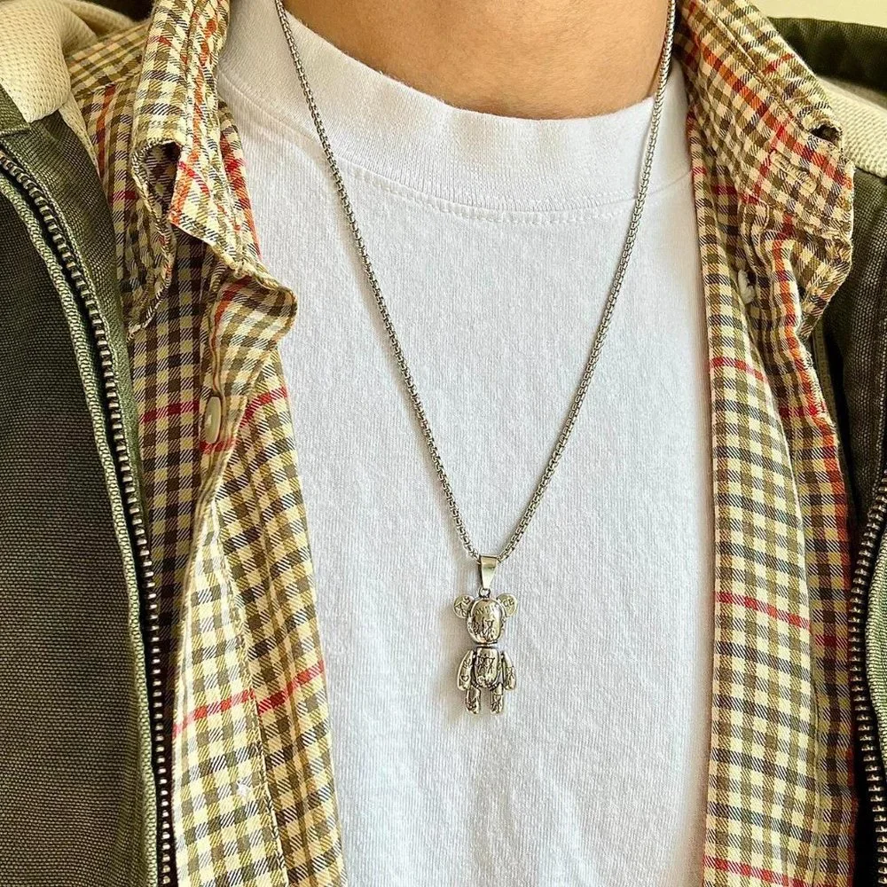 y2k grunge chrome silver bear peace pendant necklace